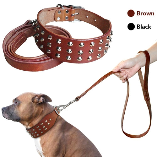Cool Studded Genuine Leather Pet Dog Collars Leash