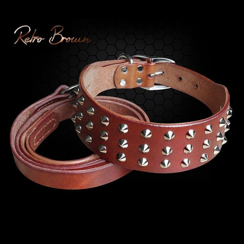 Cool Studded Genuine Leather Pet Dog Collars Leash