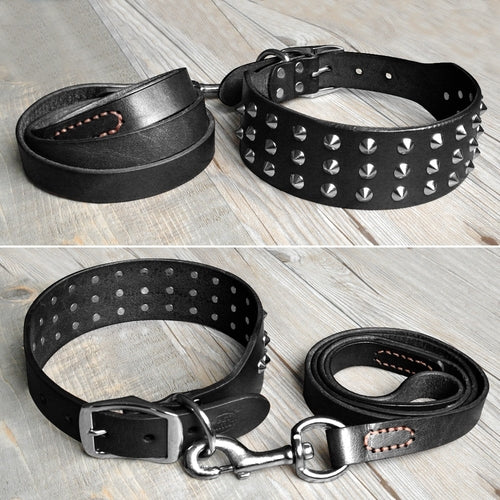 Cool Studded Genuine Leather Pet Dog Collars Leash
