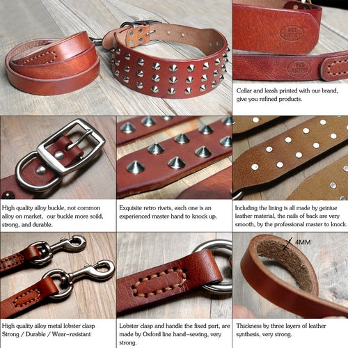 Cool Studded Genuine Leather Pet Dog Collars Leash