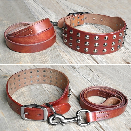 Cool Studded Genuine Leather Pet Dog Collars Leash
