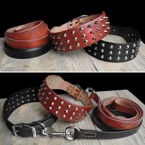 Cool Studded Genuine Leather Pet Dog Collars Leash